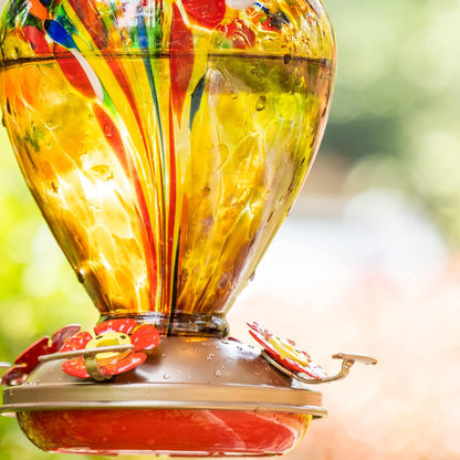 Hummingbird Feeder, 34OZ Hand Blown Glass Hummingbird Feeders for Outdoors Hanging, 4 Feeding Perch with Ant Moat Leakproof, Garden Yard Decor Gifts for Women Mom (Golden Balloon)