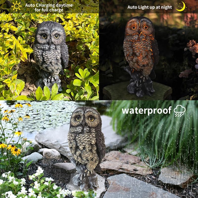 Solar Owl Garden Statues Outdoor Decor Resin with Solar Lights Sculpture for Porch Patio Lawn Yard Decorations Christmas Housewarming Gifts for Women Mom