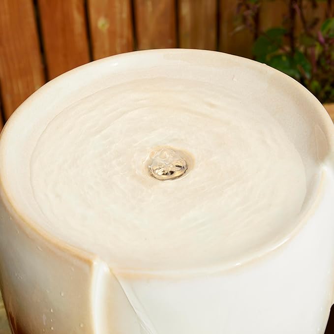 Glitzhome 29.25" H Oversized Ceramic Vase Outdoor Water Fountain, Tall Sand Beige Brown Glaze Patio Garden Water Fountain with LED Light and Submersible Pump for Garden Patio Balcony Yard Art Decor