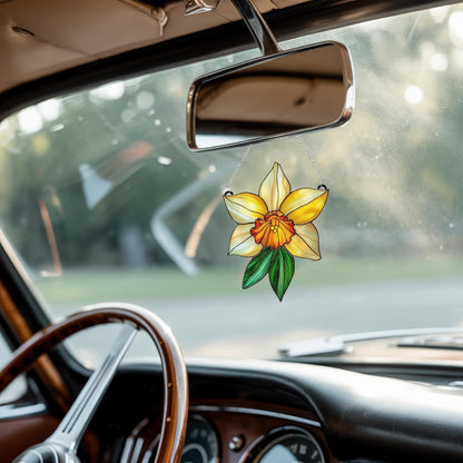 Daffodil March Birth Month Flower Acrylic Suncatcher Stained Glass Effect Window Car Hanging Christmas Ornament Indoor Outdoor Decor Garden Sun Catcher Panel Flower Lover Gift for Women Mom Grandma