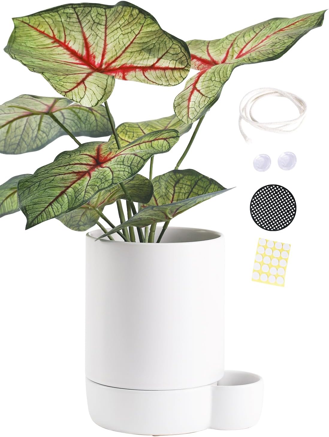 5.5 Inch Ceramic Self Watering Planters with Absorbent Cotton Rope, Cylinder Round Flower Pot for Succulent, Herbs, African Violets, White, 1 Pack