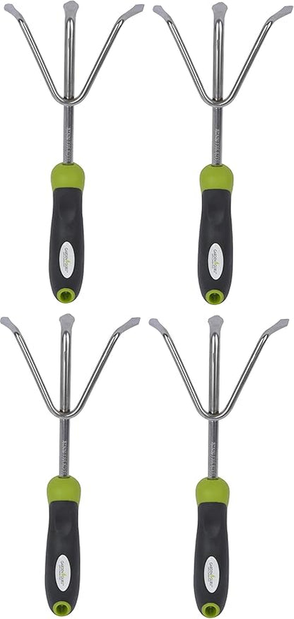 Garden Guru Hand Cultivator - Stainless Steel Hand Rake Soil Tiller with Ergonomic Handle, Great for Gardening, Cultivating, Loosening and Weeding (4 Pack)
