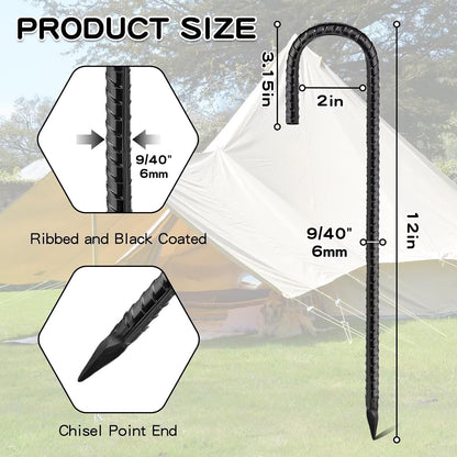 Black Rebar Stakes 12inx6mm Galvanized J Hook 4pcs – Heavy Duty Ground Tent Stakes for Fence,Bounce House,Outdoor Plants,Artificial Turf,Dog Coop,Metal Stakes for Christmas Decorations