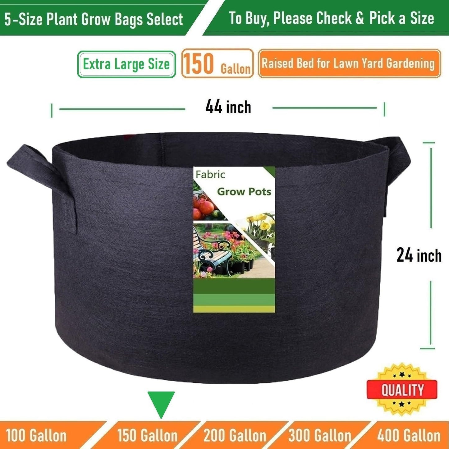 150 Gallon Large Raised Garden Bed Bag (44x24 inch) Big Garden Bag Sturdy Plant Grow Bag for Potato,Tomato Planter,Herb Veggies Planter Bag,Flower Bed,Yard Waste Bag,Lawn Debris Bag,Leaf Bag W/ Gloves