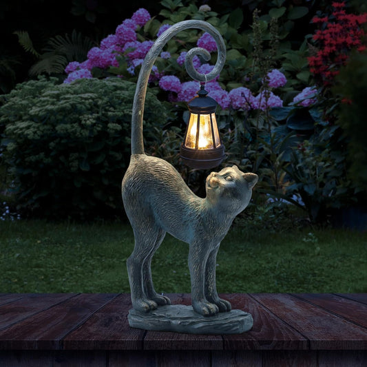 Solar Cat Outdoor Statues Halloween for Garden: Outdoor Decor Cat Figurine for Yard, Lawn, Patio, Porch, Balcony - Animal Art for Home Backyard - Birthday Gifts for Women Grandma Mom Sister