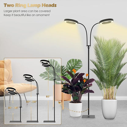 GLOWRIUM Grow Light with Stand,2-Head LED Plant Light for Indoor Plants, Full Spectrum Grow Lamp, 3/9/12H Timer, 6 Dimmable Levels, 3 Lighting Mode, Adjustable Height