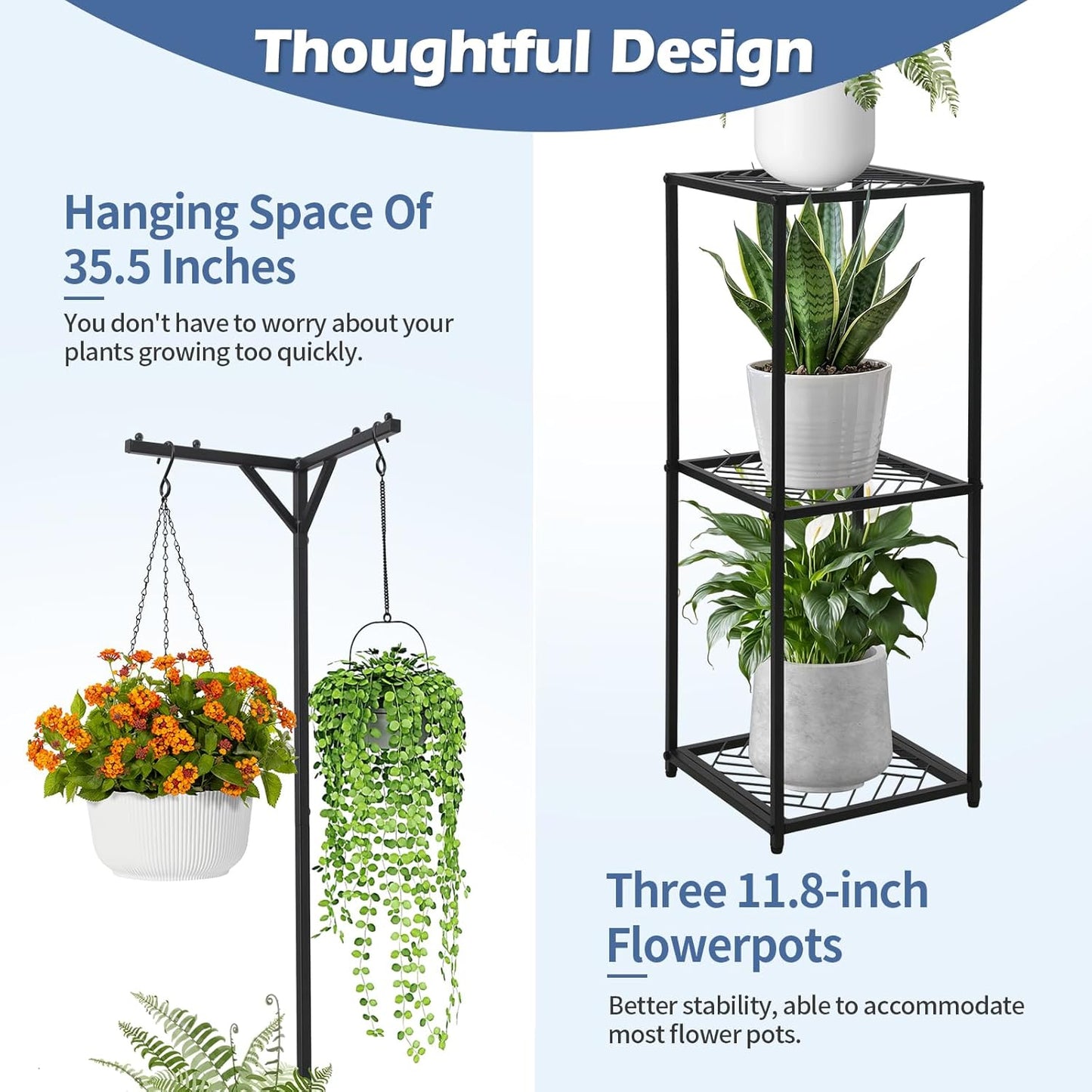 3-Tier Hanging Plant Stand Indoor Outdoor - 67" Tall Corner Shelf for 5 Potted Flowers,Square Planter Holder Metal Display Rack for Living Room, Balcony, Garden,Space-Saving Standing Plant Hanger