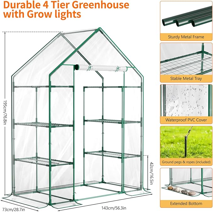 Indoor Greenhouse with Grow Light, 4-Tier Mini Greenhouse 56.3"x28.7"x76.8" Small Greenhouse with Zippered PVC Cover for Seed Starting Trays, Dimmable Plant Light for Indoor Plants with Timer