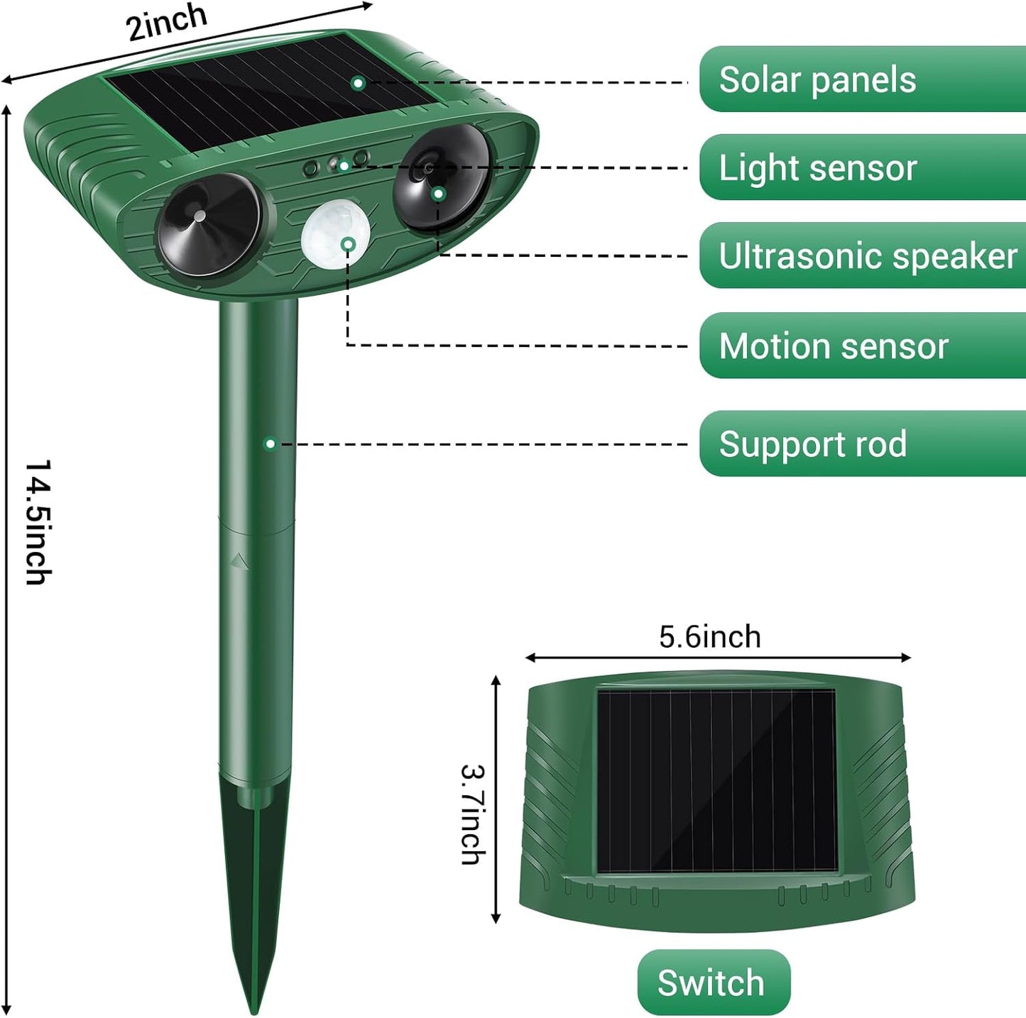 2 Pack Solar Animal Repeller Outdoor, Cat Deterrent with Ultrasonic & Flashing LED - Night Time Motion Activated Pest Control for Garden Yard to Repel Cats, Raccoons, Deer, Skunks, Squirrels