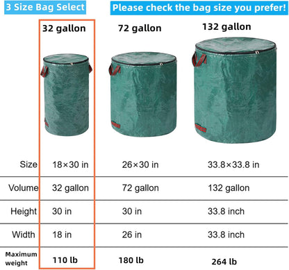 2 Pack 32 Gallons Reusable Yard Waste Bags with Zipper Lid Garden Waste Bags with 4 Handles Outdoor Heavy Duty Gardening Lawn Leaf Bags Large Garden bags for Collecting Leaves Weeds Debris