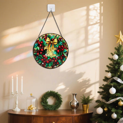Stained Glass Window Hanging, Christmas Festive Holly and Red Berries Suncatcher for Doors Home Sun Catchers Decoration and Christmas, Mother's Day Birthday Gifts for Women, Men, and Mom (8 Inch)