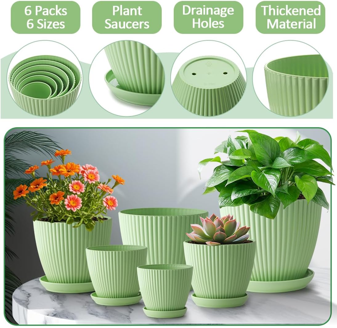 7.5/6.5/5.5/4.9/4.2/3.5 Inch Plant Pots with Saucers & Drain Holes - Indoor/Outdoor Flower Pots for Succulents, Herbs, Cactus - Modern Lightweight Durable Planter Set, Green