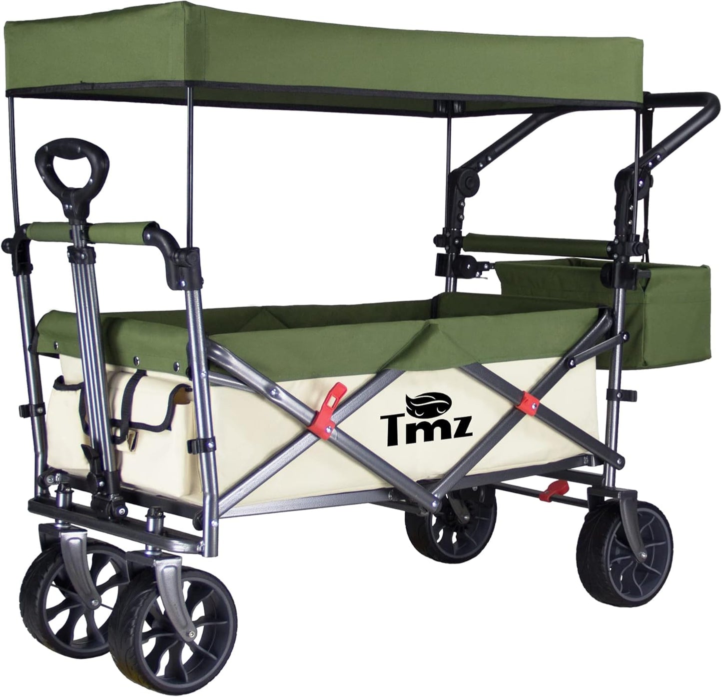 TMZ Collapsible Folding Outdoor Utility Wagon with Removable Canopy - 265lbs Heavy Duty Trolley with Rubber Wheels, Adjustable Handles, Rear Basket, for Shopping, Picnic, Camping (Beige/Green)