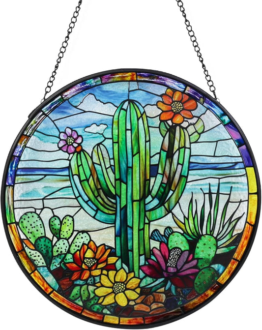 Cactus Handmade Stained Glass Window Hanging Suncatcher with Chain - 7.9" Outdoor/Indoor Art Decor