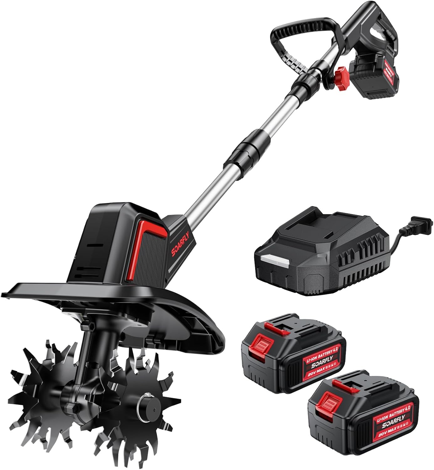 Cordless Electric Tiller for Gardening, Total 8.0Ah Battery Powered Mini Cultivator with 2×4.0AH Batteries & Charger, 9" Width, 6.6" Depth, 48 Steel Tines Rototiller for Soil Cultivation