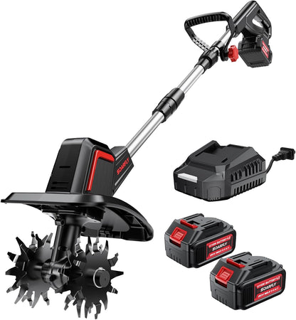 Cordless Electric Tiller for Gardening, Total 8.0Ah Battery Powered Mini Cultivator with 2×4.0AH Batteries & Charger, 9" Width, 6.6" Depth, 48 Steel Tines Rototiller for Soil Cultivation
