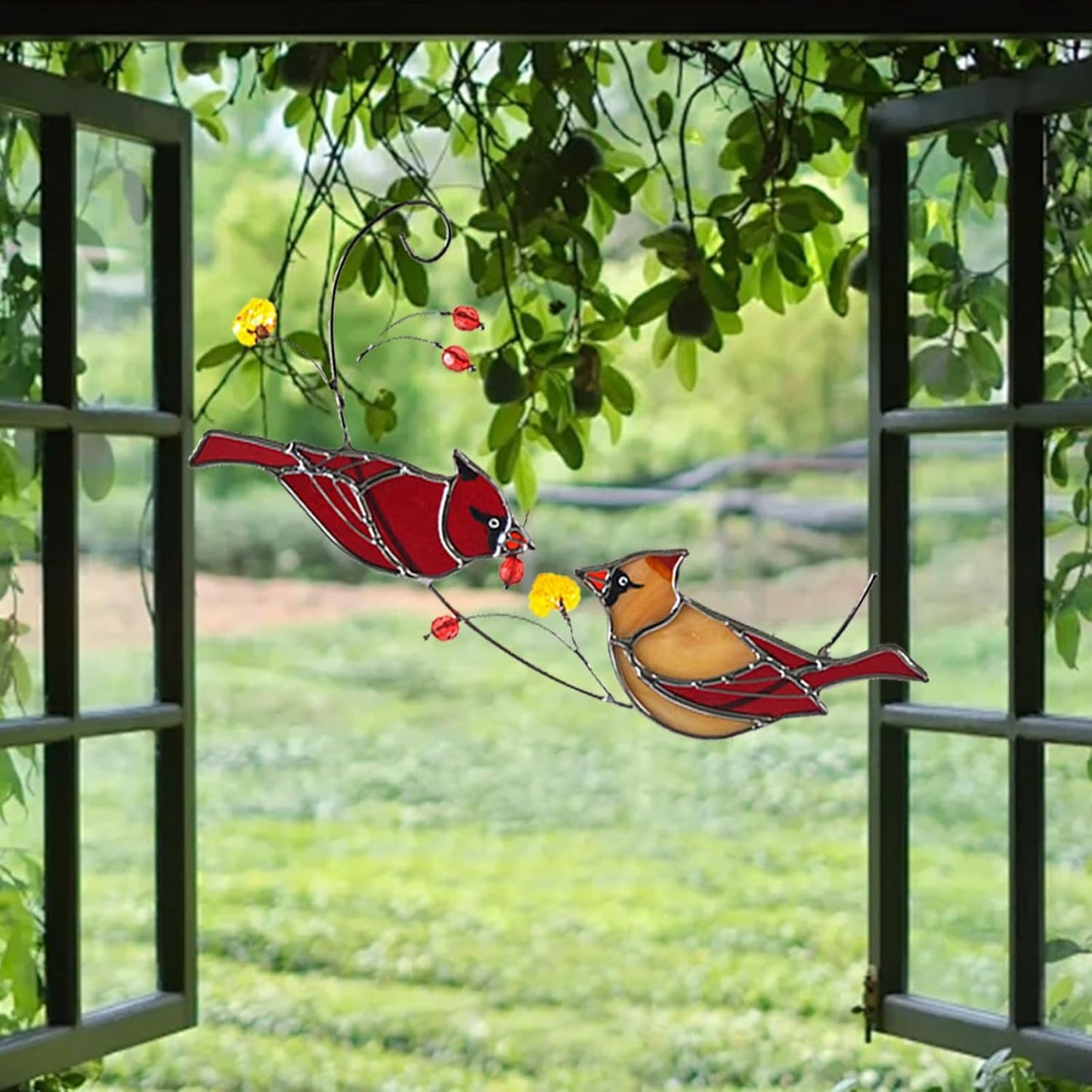 Cardinal Couple Suncatcher, Stained Glass Window Hanging,Sun Catchers Indoor Bird Decor, Garden Decor Ornaments Memorial Gifts for Women Red Birds Wall Hangings with Suction Cup