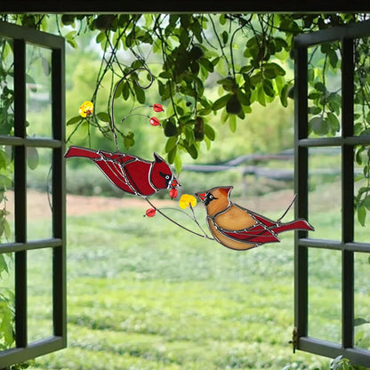 Cardinal Couple Suncatcher, Stained Glass Window Hanging,Sun Catchers Indoor Bird Decor, Garden Decor Ornaments Memorial Gifts for Women Red Birds Wall Hangings with Suction Cup