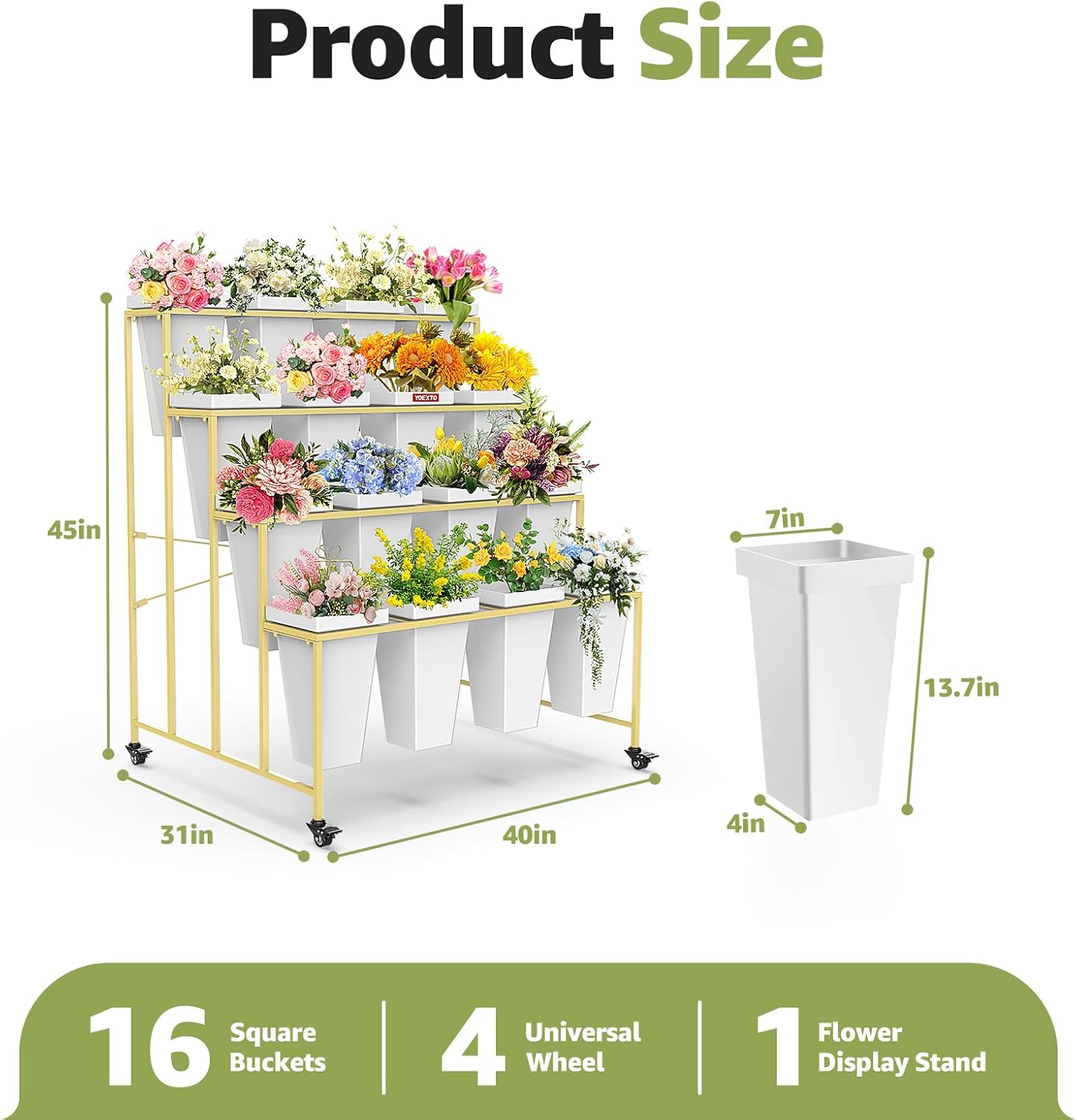 Flower Display Stand 4 Layers with 16 PCS Square Buckets, Plant Stand with Wheels, Movable Metal Plant Stand for Terrace Garden, Living Room, Florist Shop