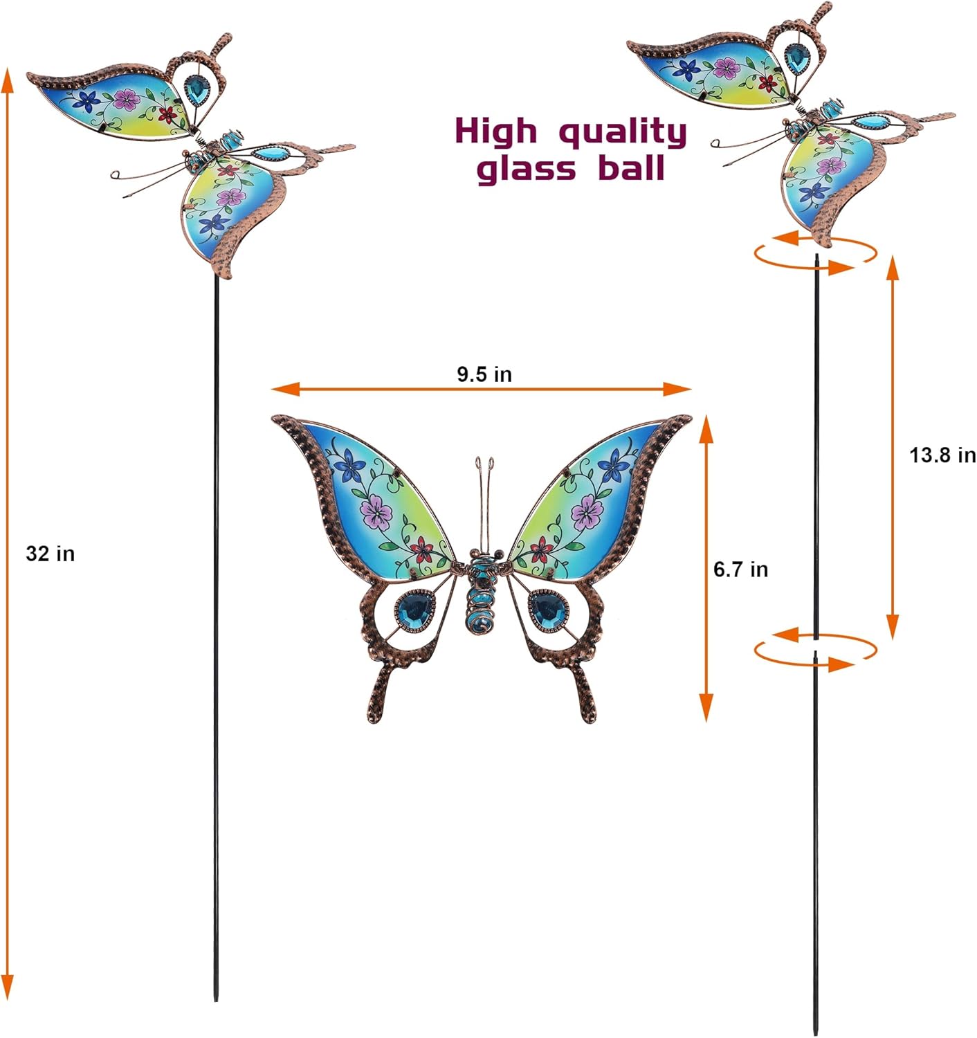Juegoal Set of 4 Butterfly Garden Stake Decor, 32" Metal Colorful Butterflies Stakes, Yard Art Ornaments for Mom, Mothers Day Ideal Gifts, Outdoor Lawn Porch Pathway Patio Plant Pot Flower Bed