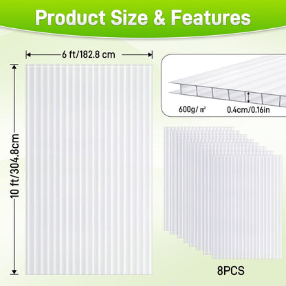8PCS 10' x 6' x 0.16'' Polycarbonate Greenhouse Panels Sheets, Twin-Wall Roof Panels, Waterproof UV Protected Corrugated Plastic Roof Panels Sheets, Clear Replacement Panels for Greenhouse