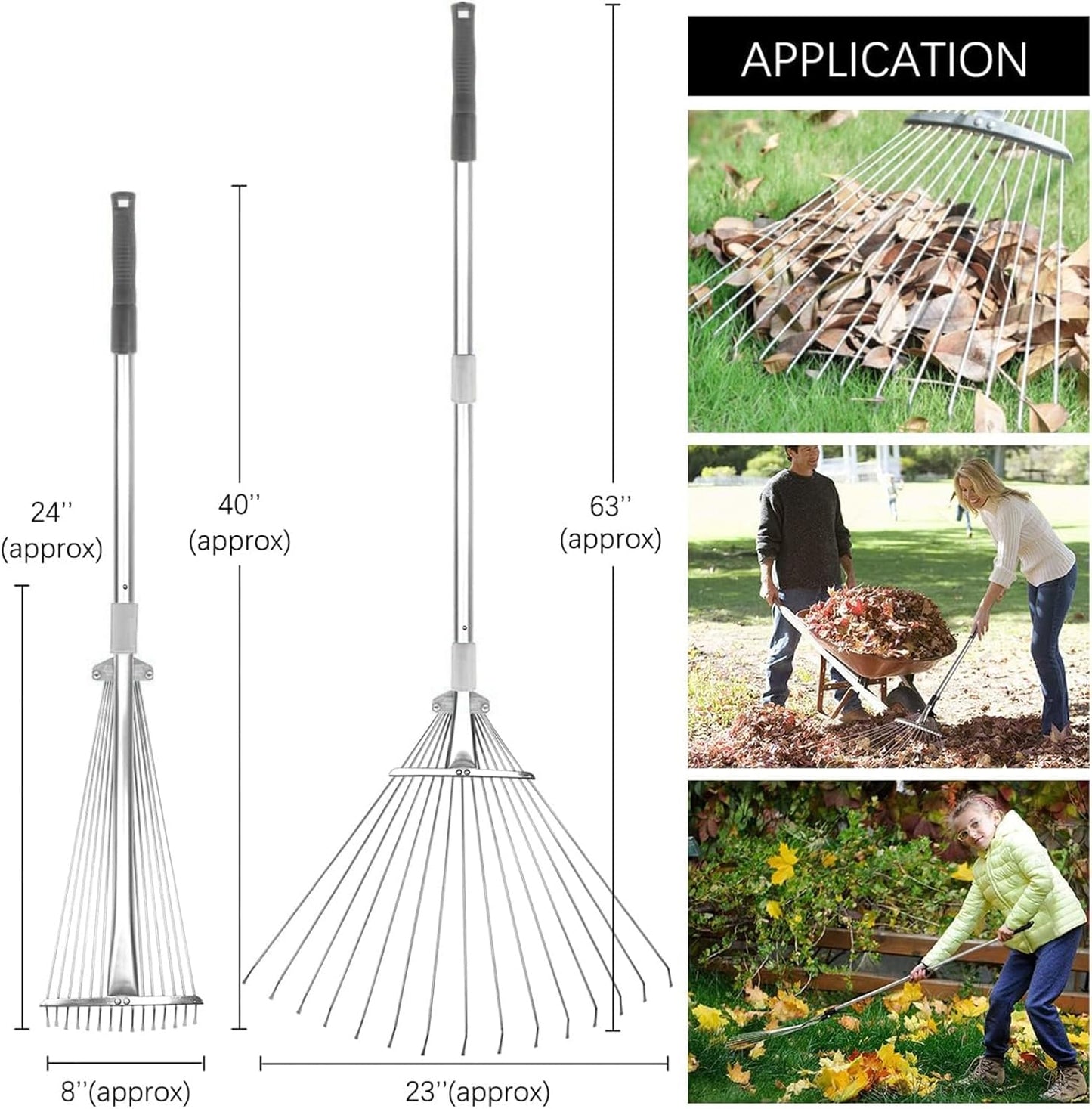 Buyplus Adjustable Garden Leaf Rake - 24 to 63 Inch Telescopic Metal Expandable Folding Leaves Rake, Metal Rakes for Leaves, Yard Rakes for Lawn Yard, Flowers Beds, Sliver