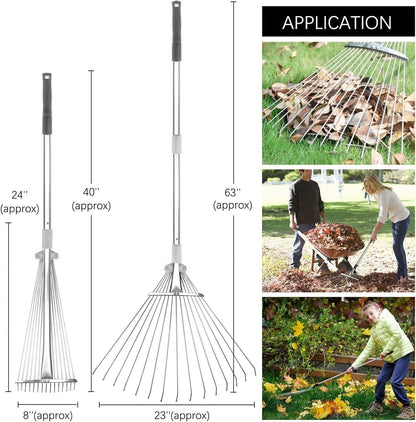Buyplus Adjustable Garden Leaf Rake - 24 to 63 Inch Telescopic Metal Expandable Folding Leaves Rake, Metal Rakes for Leaves, Yard Rakes for Lawn Yard, Flowers Beds, Sliver