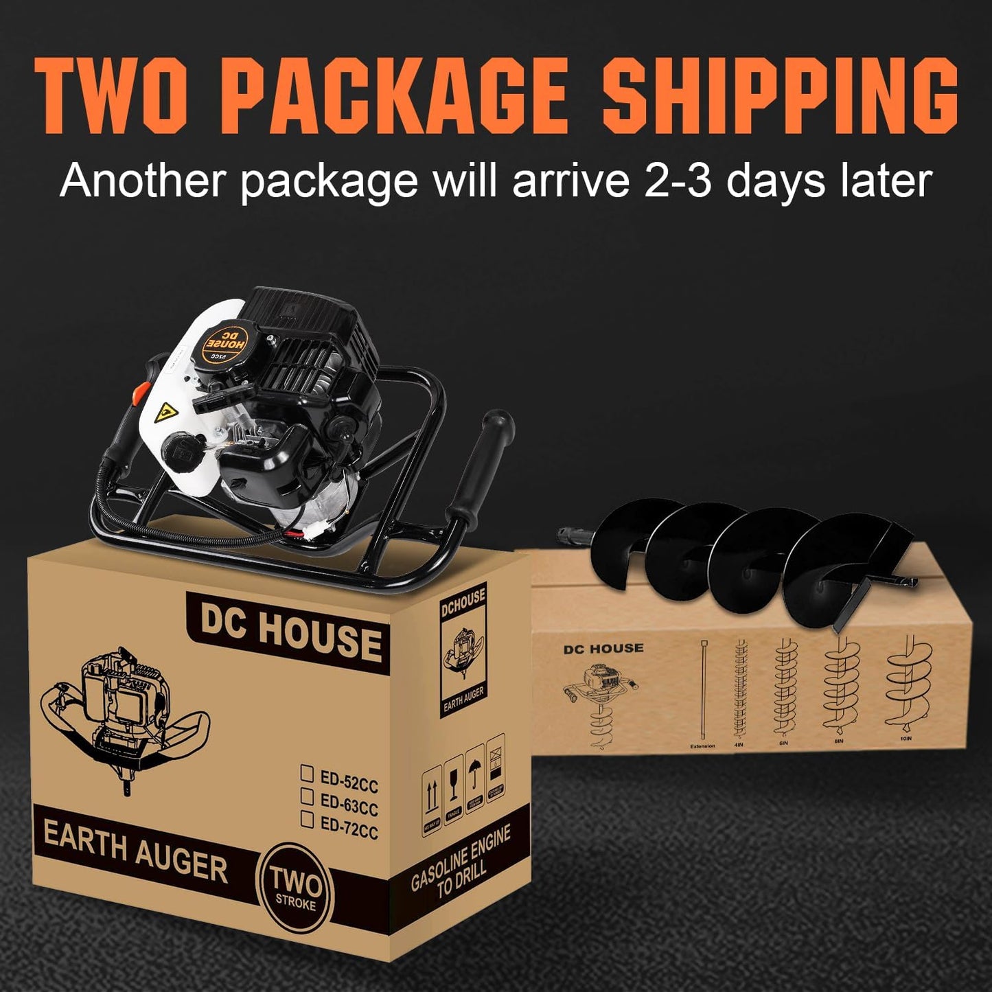 DC HOUSE Post Hole Digger, 52cc 1800W Gas Powered Earth Auger Earth Digger, Auger Post Hole Digger with Two Drill Bit 6" & 10" and Extension Rods, for Fence, Farmland and Garden, EPA Certified