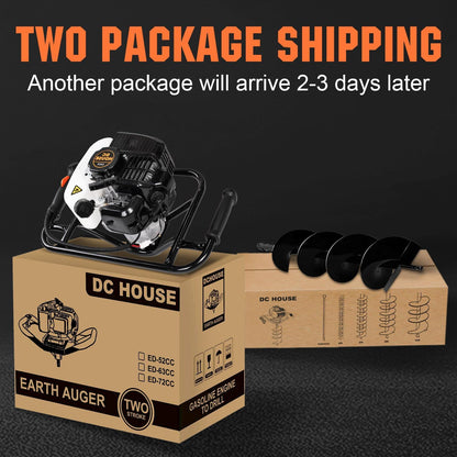 DC HOUSE Post Hole Digger, 52cc 1800W Gas Powered Earth Auger Earth Digger, Auger Post Hole Digger with Two Drill Bit 6" & 10" and Extension Rods, for Fence, Farmland and Garden, EPA Certified