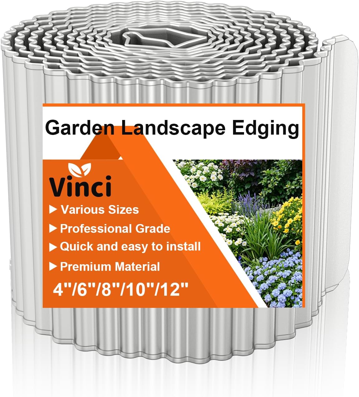 Vinci Garden Landscape Edging Border, 12 Inch x 10 FT Corrugated Sturdy Metal Easy Installation Safe Hemmed Lawn Garden Border Edges for DIY Flower Beds,Pathways and Patio Design (Silver)