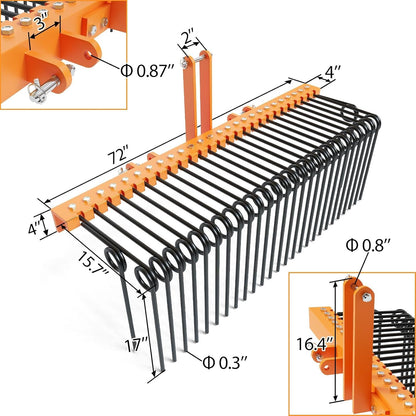 72 Inch 3 Point Tractor Rake, Pine Straw Needle Rake, Durable Powder Coated Steel Spring Landscape Rakes Fit for Cat0, Cat1, Orange