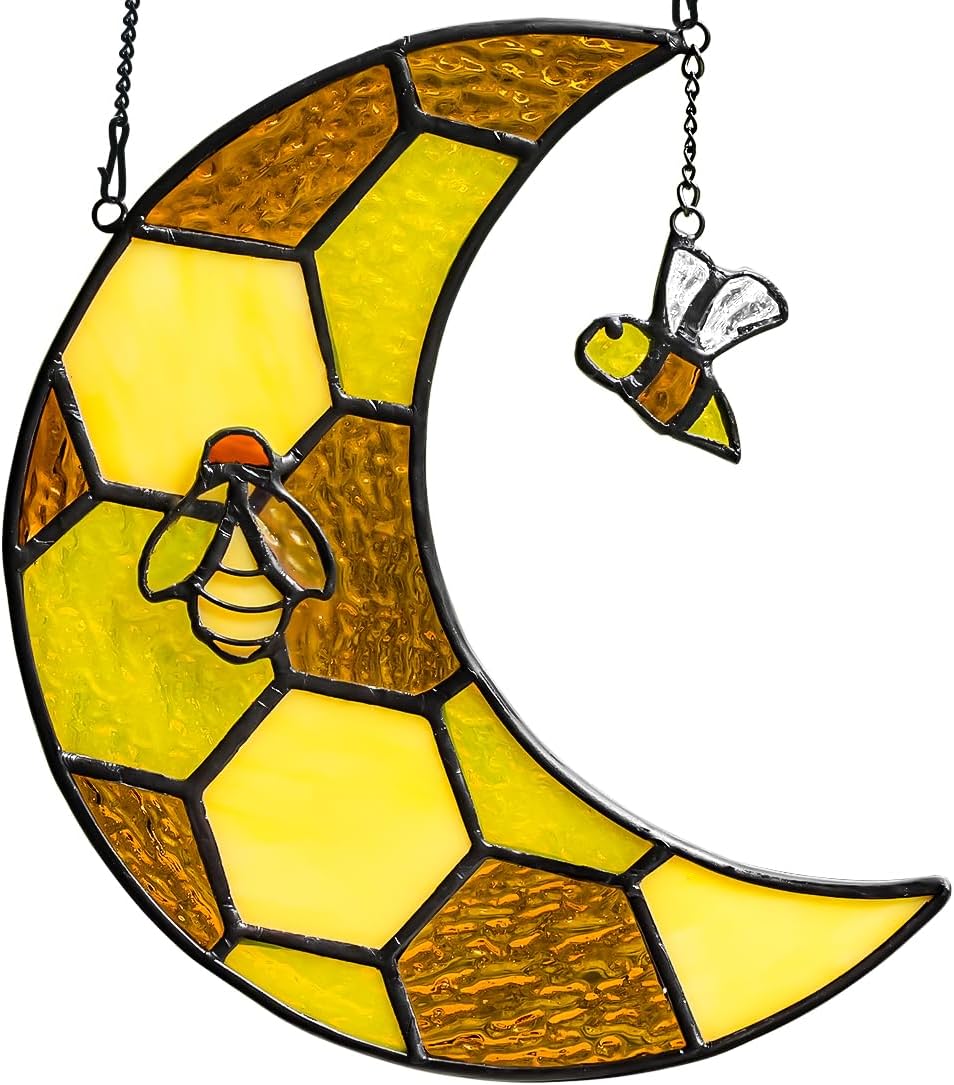 Bee Stained Glass Suncatcher for Window,Honeycomb Stained Glass Window Hanging Moon Decor,Bee Gifts for Women,Bee Lovers,Housewarming Gift,Honeybee Decor for Birthday Party