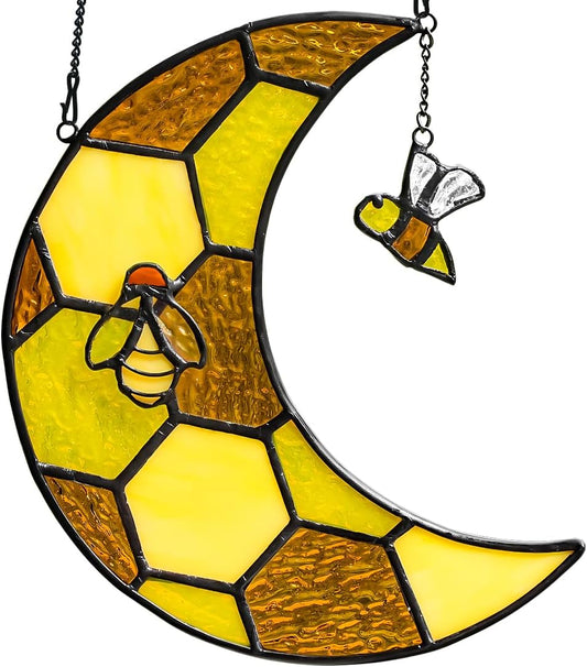 Bee Stained Glass Suncatcher for Window,Honeycomb Stained Glass Window Hanging Moon Decor,Bee Gifts for Women,Bee Lovers,Housewarming Gift,Honeybee Decor for Birthday Party