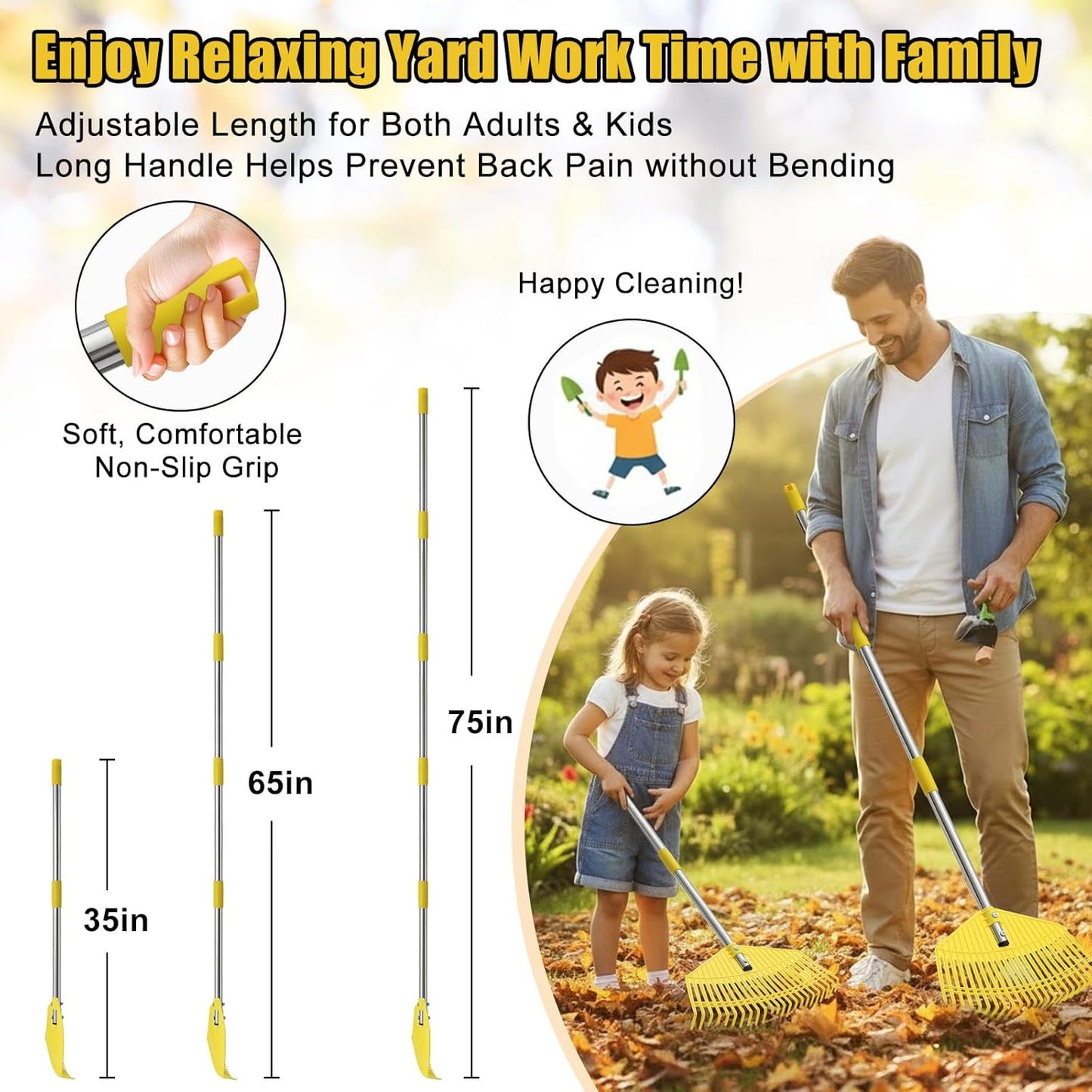 Plastic Leaf Rake for Lawns - Lightweight & Easy Yard Rakes for Leaves, Grass, Pine Needles,Gardening,Heavy Duty 16.5''Wide Garden Rake with Adjustable Handle (35''-75'') for Women,Seniors,Kids