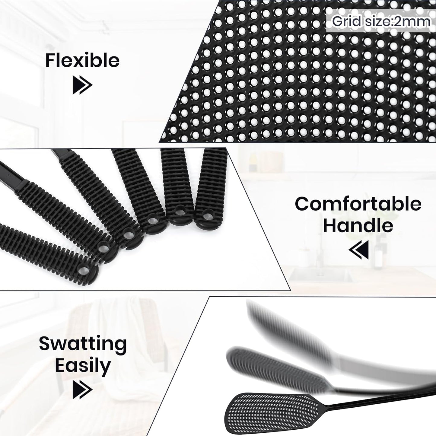 6-Pack Heavy Duty Long Handle Fly Swatter, Fly Swatter for Indoors, Black