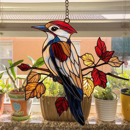 Red Woodpecker Acrylic Suncatcher Stained Glass Effect Window Car Hanging Christmas Ornament Indoor Outdoor Decor Garden Sun Catcher Panel for Acrylic Suncatcher Lover for Women Mom Grandma