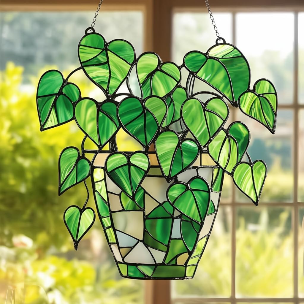 Pothos Monsterat Plants Acrylic Suncatcher Stained Glass Effect Window Car Hanging Christmas Ornament Indoor Outdoor Decor Garden Sun Catcher Panel Gifts for Nature Lover
