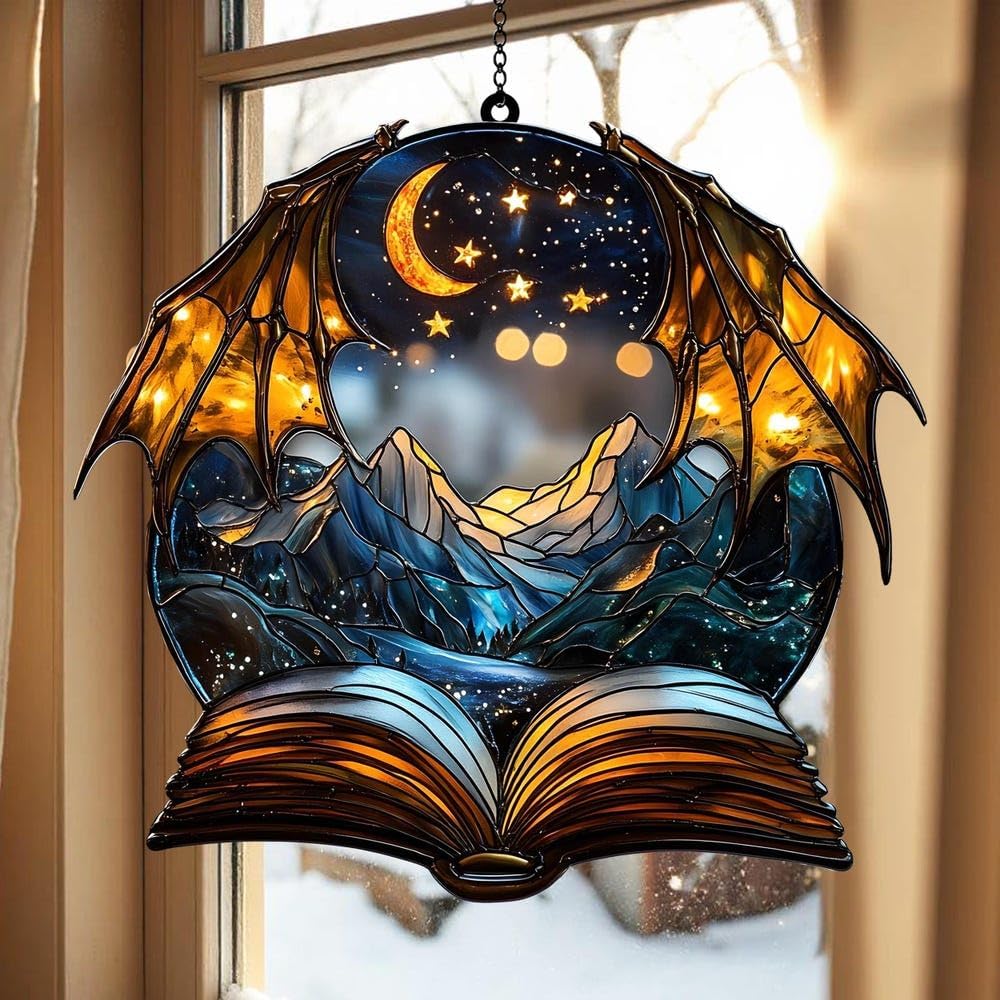 Dragon Wings Book Bookish Acrylic Suncatcher Stained Glass Effect Window Car Hanging Christmas Ornament Indoor Outdoor Decor Garden Bookworm Sun Catcher Book Lover for Women Mom Grandma