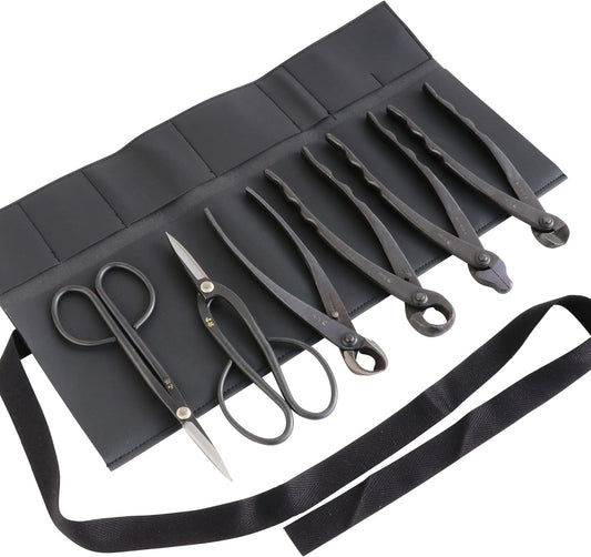 Wazakura Japanese 6PCS Bonsai Scissors and Branch Cutter Tool Kit with Roll Bag: Japanese Yasugi Steel Ashinaga and Twig Bonsai Scissors, Concave Branch Cutter, Knob Cutter, Jin Plier, Wire Cutter