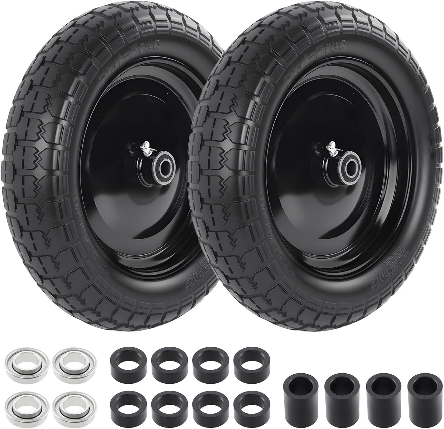 HQPASFY 2 Pack 14.5" Flat Free Tire 4.80/4.00-8 Wheelbarrow Tire and Wheel, 3" Centered Hub, 5/8" & 3/4" Bearings Replacement for Wheelbarrows, Garden Carts, Dump Carts, Lawn Equipment