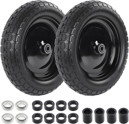 HQPASFY 2 Pack 14.5" Flat Free Tire 4.80/4.00-8 Wheelbarrow Tire and Wheel, 3" Centered Hub, 5/8" & 3/4" Bearings Replacement for Wheelbarrows, Garden Carts, Dump Carts, Lawn Equipment