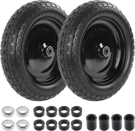 HQPASFY 2 Pack 14.5" Flat Free Tire 4.80/4.00-8 Wheelbarrow Tire and Wheel, 3" Centered Hub, 5/8" &