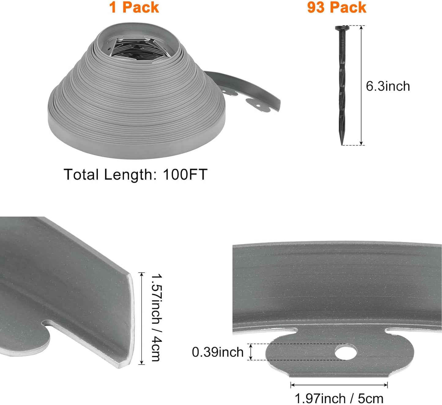 Garden Edging - 100 Feet Plastic Landscaping Edging Border with 93 Pack Spikes Apply to Flower Beds/Grass Lawn/Yard (1.57Inches Tall, Grey)