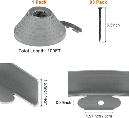 Garden Edging - 100 Feet Plastic Landscaping Edging Border with 93 Pack Spikes Apply to Flower Beds/Grass Lawn/Yard (1.57Inches Tall, Grey)