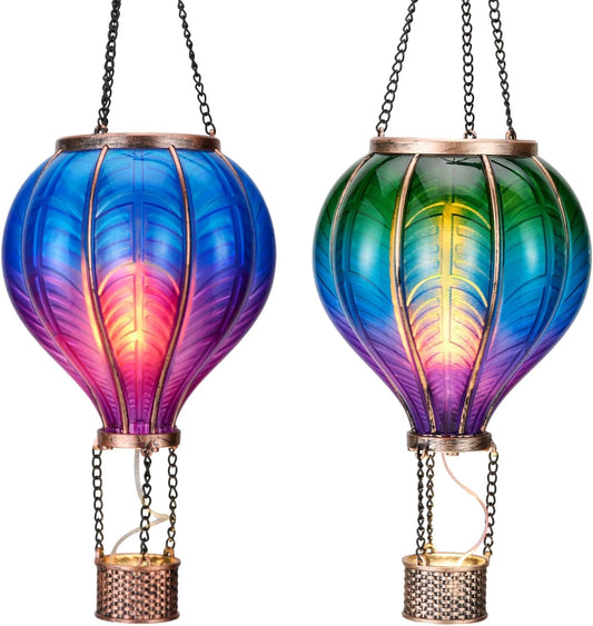 TERESA'S COLLECTIONS 2 Pack Hanging Solar Lantern Outdoor Garden Decor for Valentine ,Waterproof Plastic Hot Air Balloon Green Flickering Flame Effect Lantern for Yard Tree ,18"