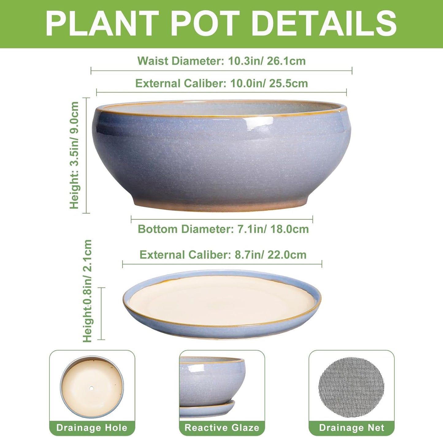 SQOWL Succulent Pots - 10 Inch Ceramic Bonsai Pots with Drainage Hole and Saucer, Round Shallow Planter for Indoor Outdoor Plants, Ceramic Planter Bowl, Home Decor, Gardening Gifts, Blue