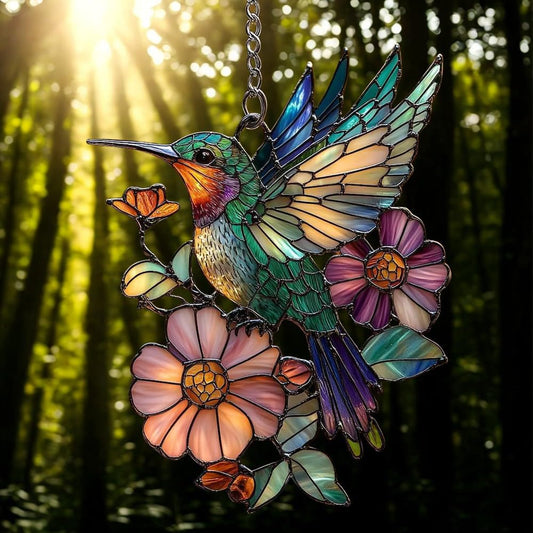 Hummingbird Pink Blossom Acrylic Suncatcher Stained Glass Effect Window Car Hanging Christmas