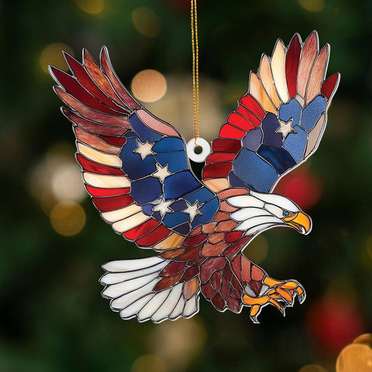 Bald Eagle Patriotic Ornament – Stained Glass American Flag Suncatcher, Acrylic Hanging Decor, USA Pride Home Office Gift, Veterans Independence Day & 4th of July Christmas Tree Ornament (Sun-11)