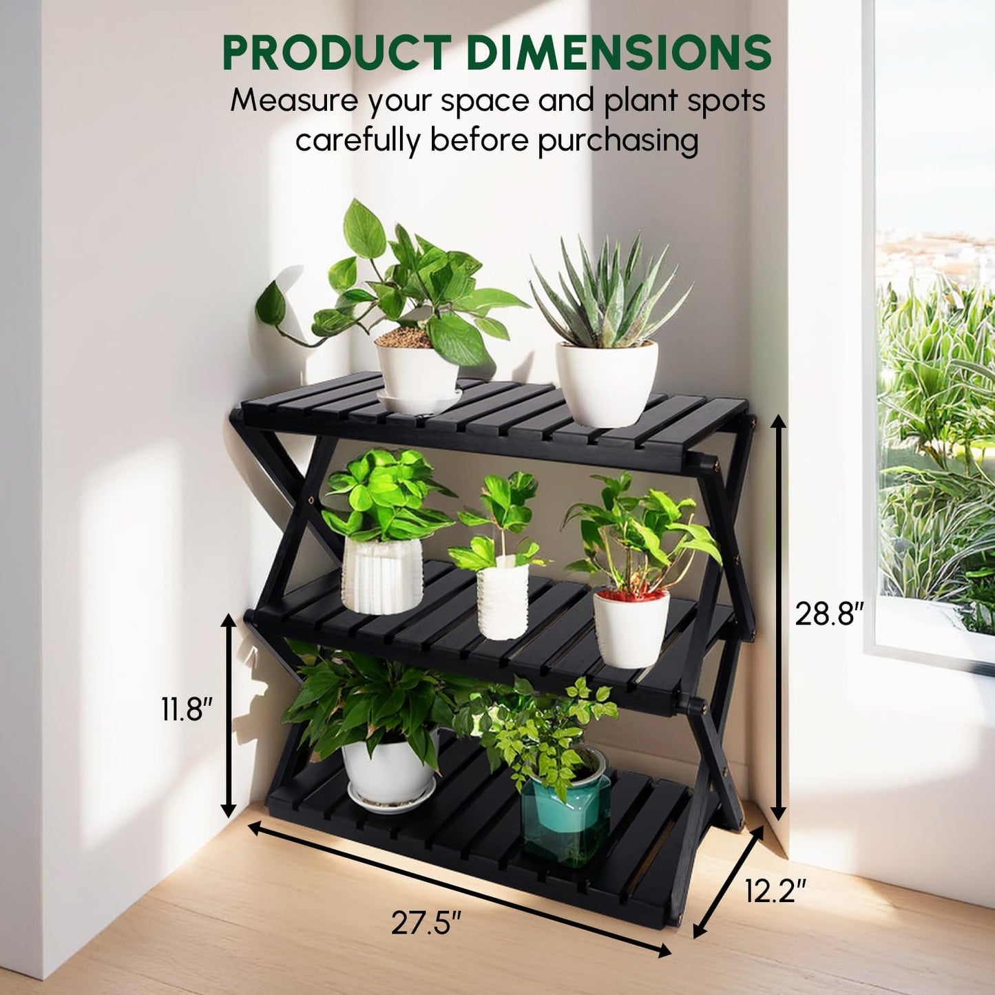 BEEFURNI Acacia Stand Indoor, Wooden Outdoor Plant Stand, Foldable Corner, 3 Tier Plant Stand, Easy Assembly, Plant Bench Patio Balcony Sunroom Decor, Christmas Gift, 1-year Warranty