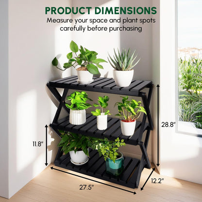 BEEFURNI Acacia Stand Indoor, Wooden Outdoor Plant Stand, Foldable Corner, 3 Tier Plant Stand, Easy Assembly, Plant Bench Patio Balcony Sunroom Decor, Christmas Gift, 1-year Warranty
